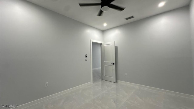 unfurnished room featuring recessed lighting, visible vents, ceiling fan, and baseboards