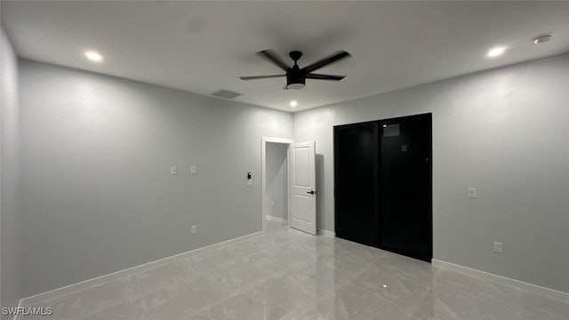 unfurnished bedroom with visible vents, baseboards, a ceiling fan, marble finish floor, and recessed lighting