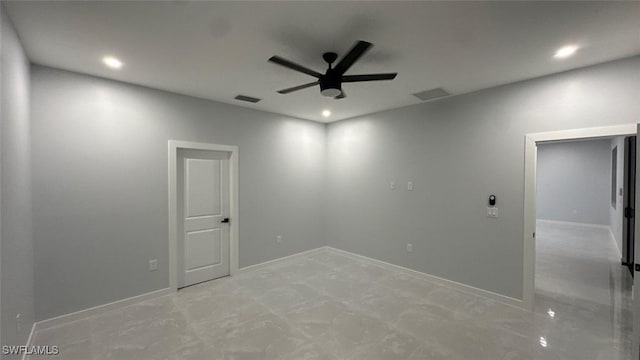 unfurnished room with recessed lighting, visible vents, and a ceiling fan