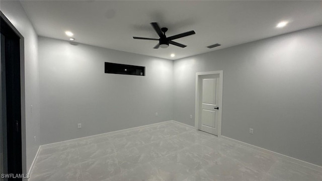 empty room featuring baseboards, recessed lighting, visible vents, and a ceiling fan