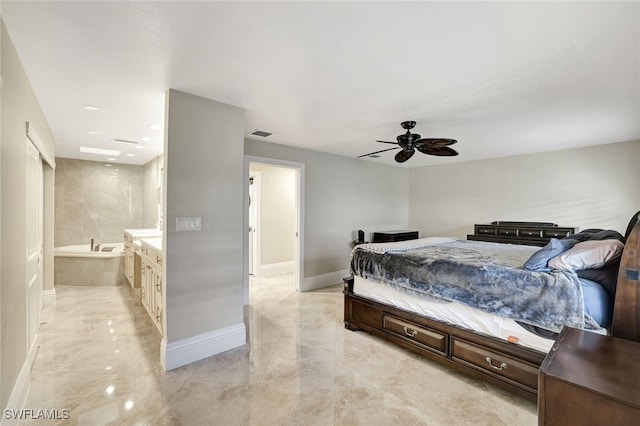 bedroom featuring ensuite bathroom and ceiling fan