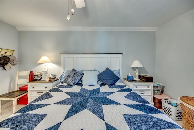 tiled bedroom with ornamental molding