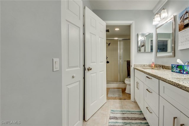 full bath with a stall shower, toilet, tile patterned floors, vanity, and a closet