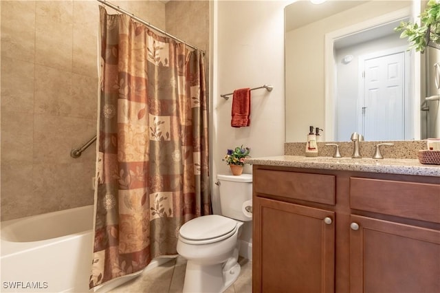 bathroom featuring toilet, vanity, and shower / tub combo with curtain