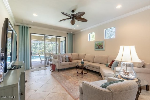 living area with ceiling fan, recessed lighting, crown molding, and light tile patterned floors