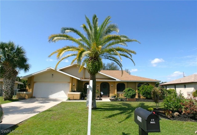 ranch-style house featuring a garage, stucco siding, driveway, and a front yard