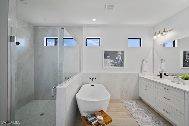 bathroom featuring tile walls, plenty of natural light, plus walk in shower, and vanity