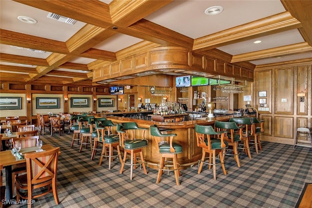 bar featuring carpet, visible vents, and beam ceiling