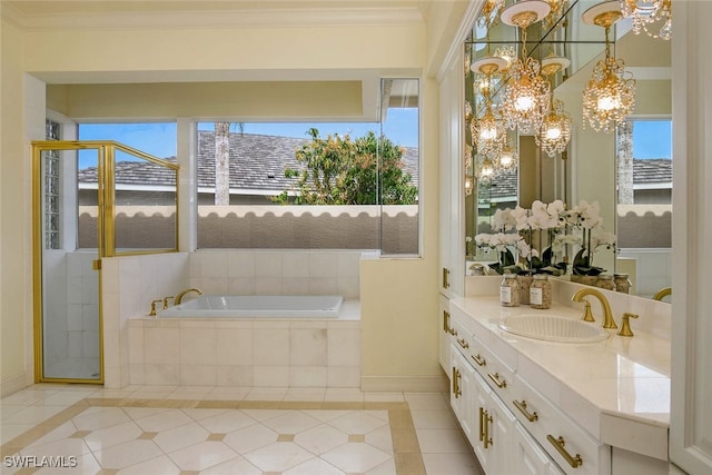 full bathroom with ornamental molding, tile patterned flooring, a shower stall, and a healthy amount of sunlight