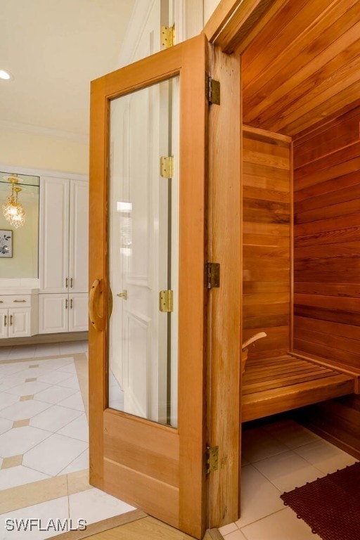 view of sauna / steam room with tile patterned flooring and recessed lighting