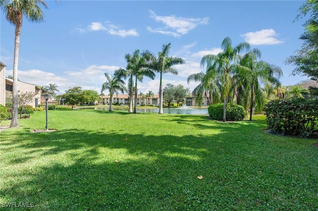 view of property's community with a yard and a water view