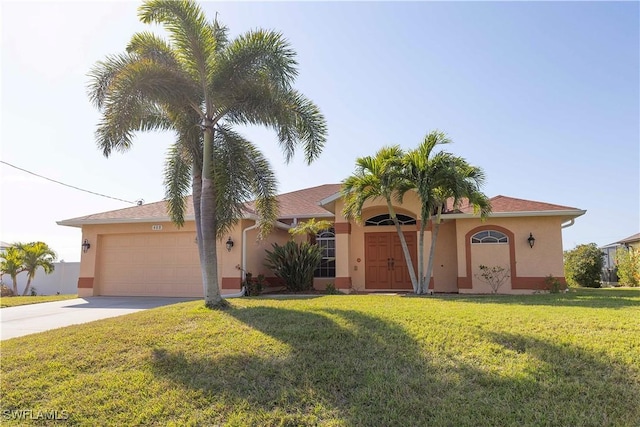 view of front of property with a garage and a front lawn