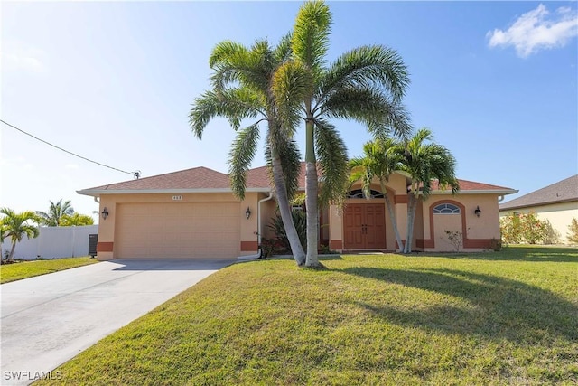 view of front of home with a front yard and a garage