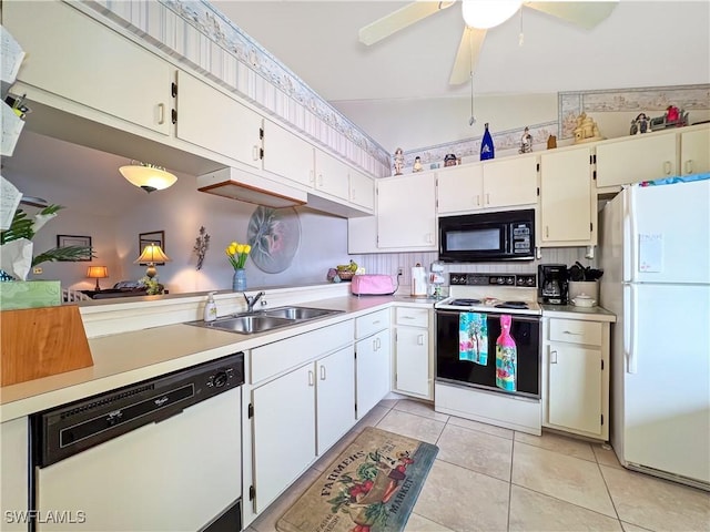 kitchen featuring white appliances, light tile patterned floors, sink, white cabinetry, and ceiling fan