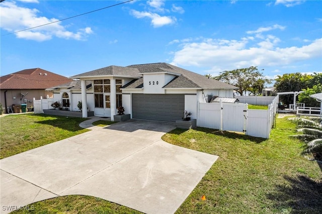 view of front of house featuring an attached garage, fence, concrete driveway, stucco siding, and a front yard