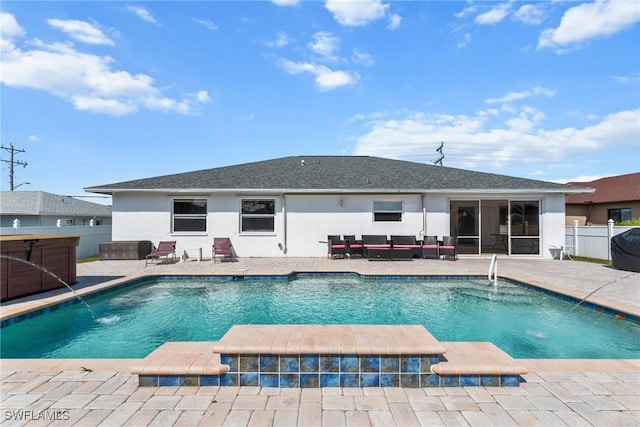 view of swimming pool with fence, a fenced in pool, and a patio