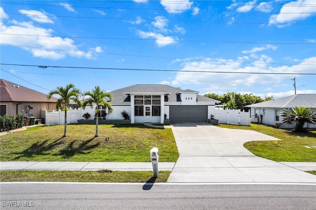 view of front of property with driveway, an attached garage, fence, and a front lawn