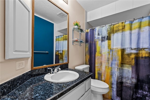 full bathroom with toilet, vanity, and visible vents