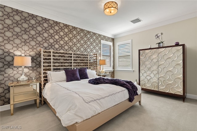 bedroom with baseboards, carpet floors, crown molding, and wallpapered walls