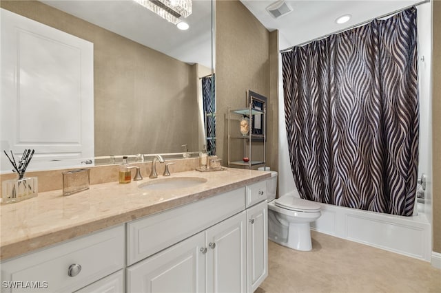 full bath featuring tile patterned flooring, visible vents, toilet, shower / bath combo, and vanity