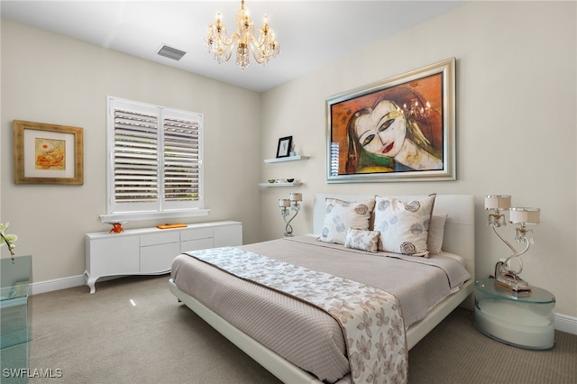 bedroom with an inviting chandelier, light colored carpet, visible vents, and baseboards