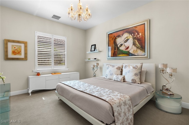 bedroom featuring visible vents, baseboards, a notable chandelier, and light carpet