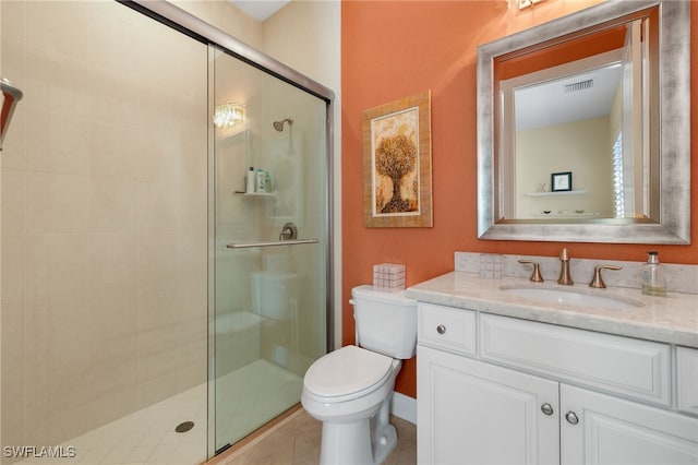 full bathroom with vanity, visible vents, toilet, and a shower stall