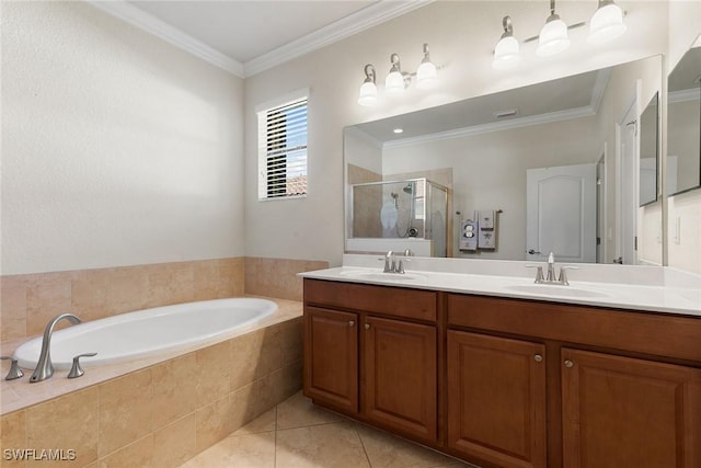 bathroom with vanity, plus walk in shower, tile patterned flooring, and crown molding