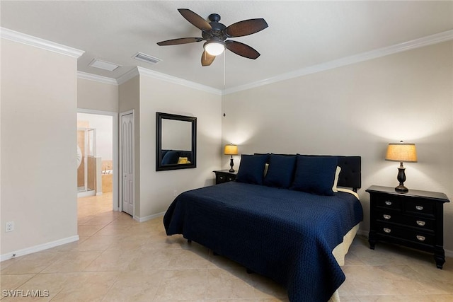 bedroom featuring ceiling fan, ensuite bath, crown molding, and light tile patterned floors