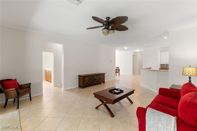 living room with ornamental molding, ceiling fan, and light tile patterned floors