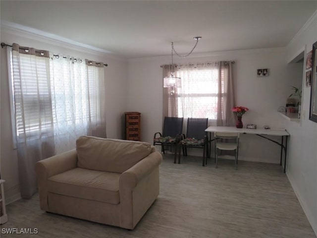 living area with crown molding