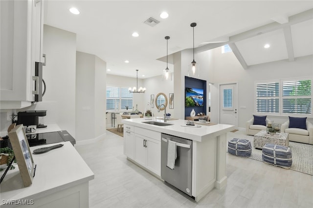 kitchen featuring appliances with stainless steel finishes, white cabinets, pendant lighting, sink, and a kitchen island with sink