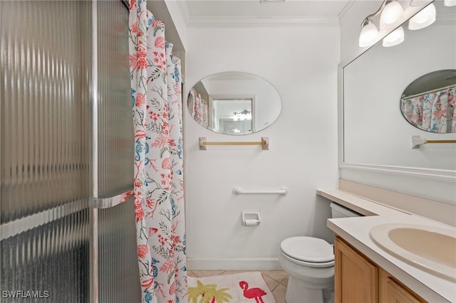 bathroom featuring baseboards, toilet, tile patterned flooring, crown molding, and vanity