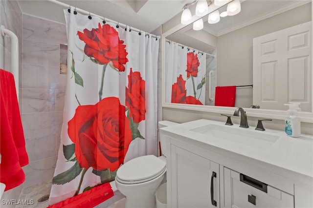 full bath featuring toilet, ornamental molding, a shower with shower curtain, and vanity