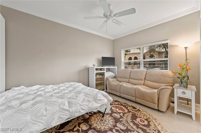 bedroom with ornamental molding, a ceiling fan, and light tile patterned floors