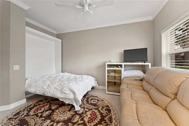 bedroom featuring light tile patterned floors, baseboards, and ornamental molding