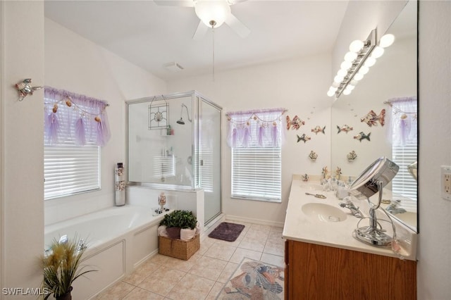 bathroom with separate shower and tub, vanity, tile patterned flooring, and ceiling fan