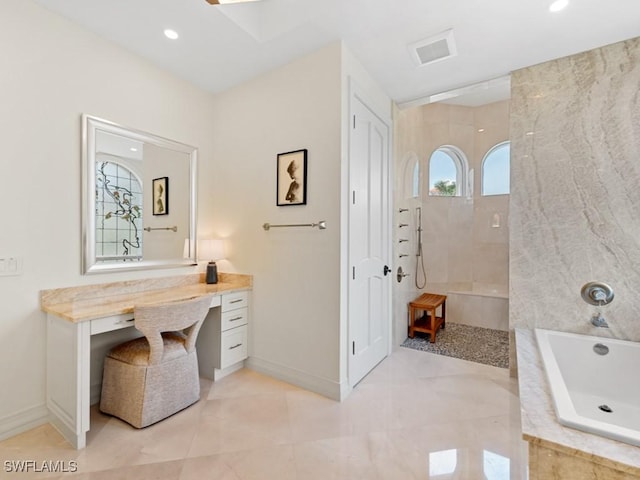 full bath featuring visible vents, walk in shower, baseboards, a garden tub, and recessed lighting