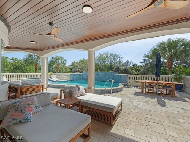 view of patio featuring outdoor dining space, a fenced in pool, fence, an outdoor living space, and ceiling fan