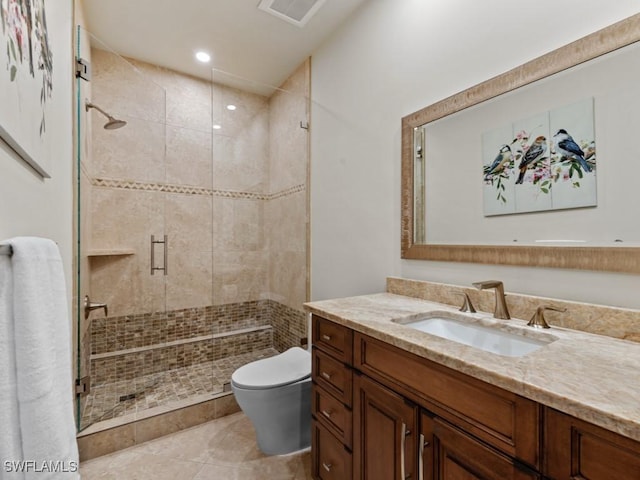 full bath with tile patterned flooring, visible vents, a shower stall, toilet, and vanity