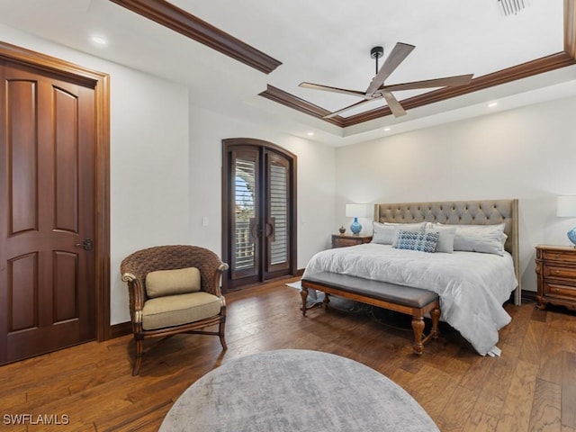 bedroom featuring access to exterior, french doors, and hardwood / wood-style floors