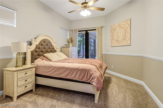 bedroom featuring ceiling fan, access to exterior, and light colored carpet