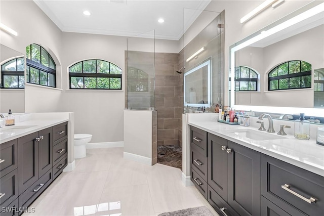 bathroom featuring vanity, a tile shower, toilet, and a healthy amount of sunlight