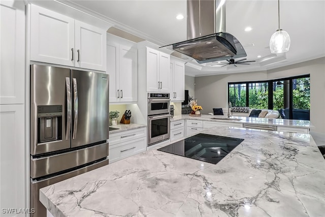 kitchen with appliances with stainless steel finishes, light stone countertops, island range hood, sink, and white cabinetry