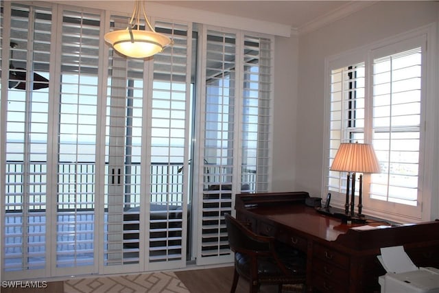 home office with crown molding