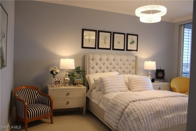 bedroom with an inviting chandelier, crown molding, and light colored carpet