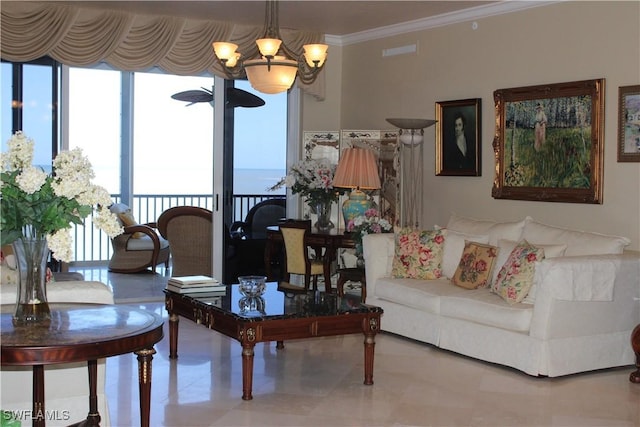 living room with ornamental molding, a wall of windows, visible vents, and an inviting chandelier