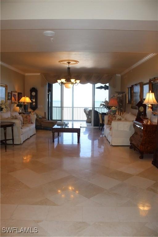 living area with ornamental molding and an inviting chandelier