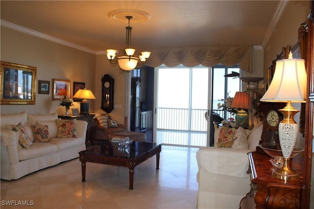 living area featuring an inviting chandelier and ornamental molding