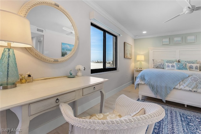 bedroom with recessed lighting, visible vents, baseboards, ornamental molding, and light wood-type flooring